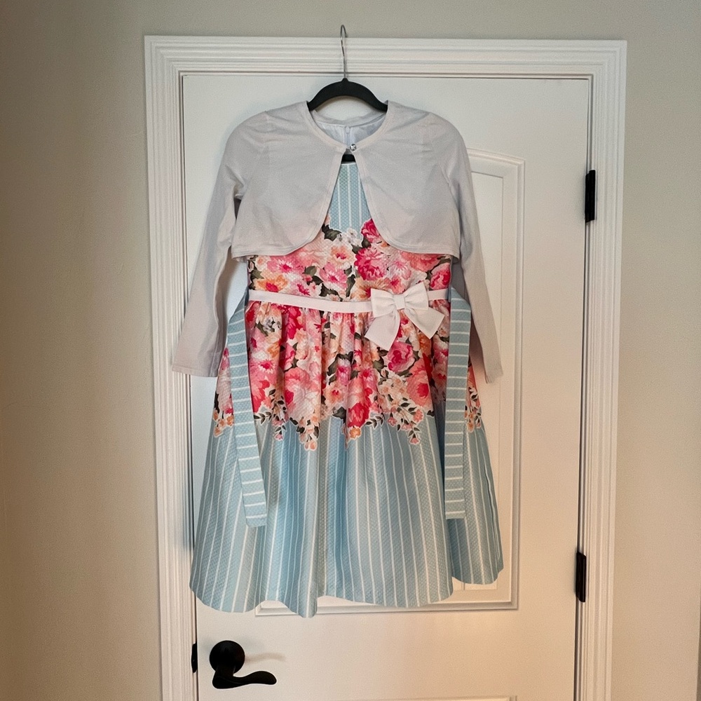 Bonnie Jean Blue Striped Dress with Pink Floral Design